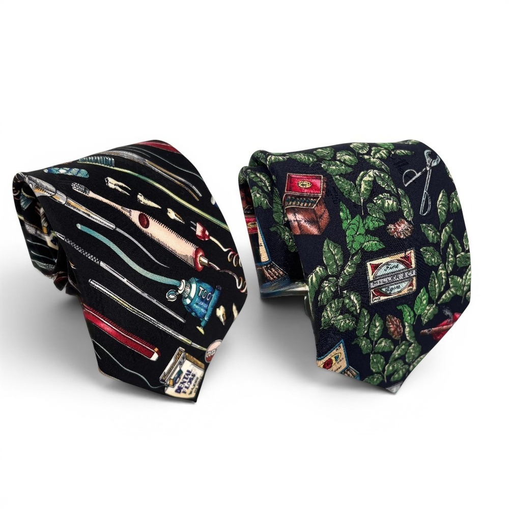 Vintage Nicole Miller Dentist‎ Cigar Novelty Silk Tie Bundle Korea 90s Black